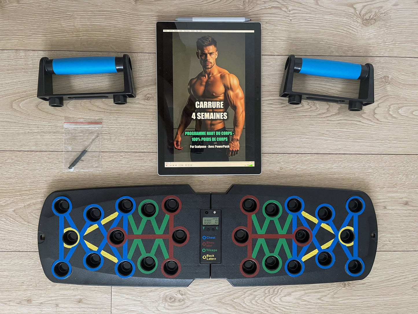 Planche à pompes PowerPush Smart Exalyone avec deux poignées rembourrées, compteur et chronomètre intégrés, accessoire tournevis et programme d’entraînement 4 semaines au poids du corps.