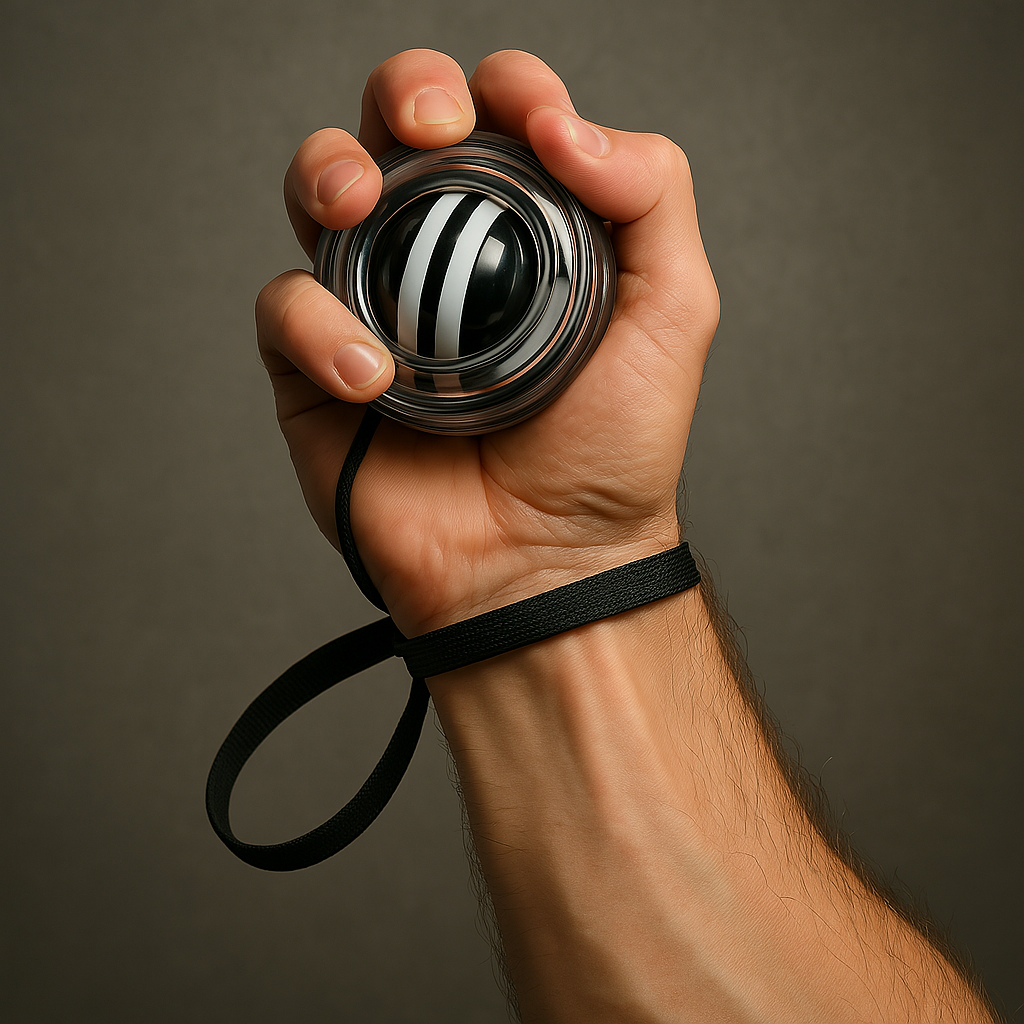 Gyroball Exalyone tenue dans la main avec sa dragonne de sécurité fixée au poignet pour éviter que la balle ne s’échappe.