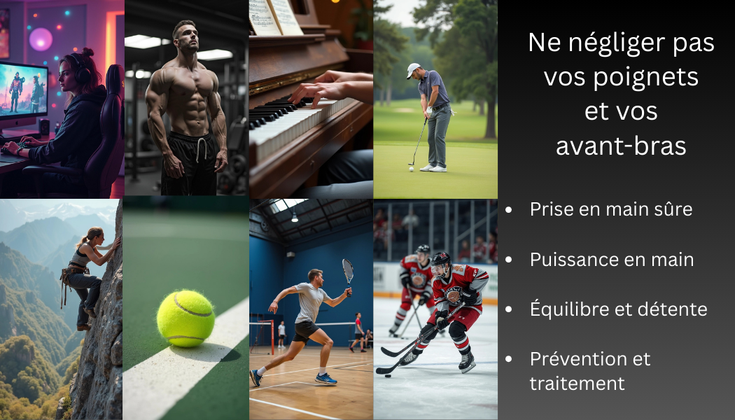 Gyroball Exalyone – ne négligez pas vos poignets et avant-bras : équilibre, détente, prévention et traitement, avec différents usages illustrés sur la photo (gaming, musculation, piano, golf, tennis, padel et hockey).