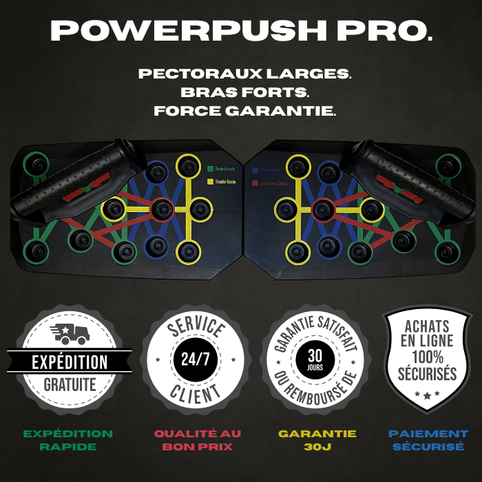 Icônes de confiance Exalyone pour PowerPush Pro – expédition gratuite, service client 24/7, garantie 30 jours et paiement sécurisé.