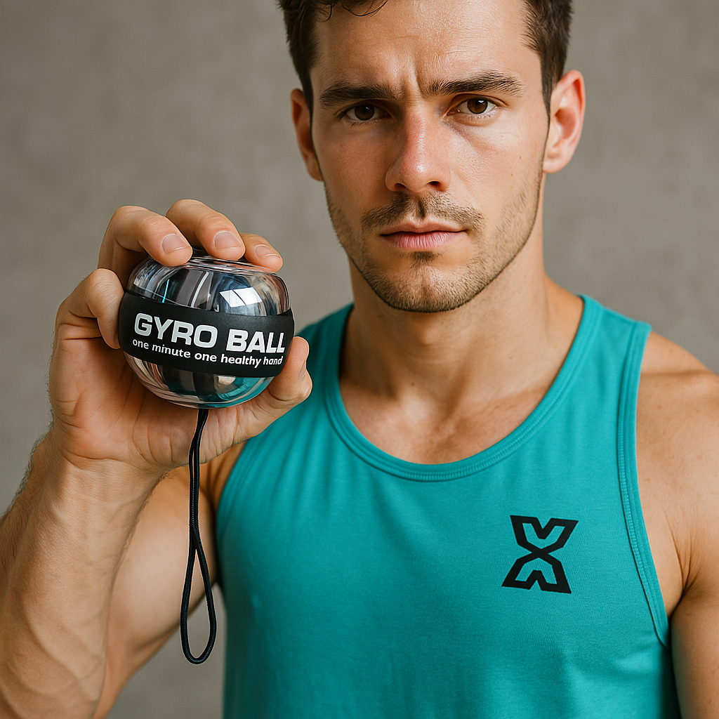 Athlète musclé en débardeur Exalyone tenant la Gyroball avec dragonne de sécurité, regard fixé vers l’avant.