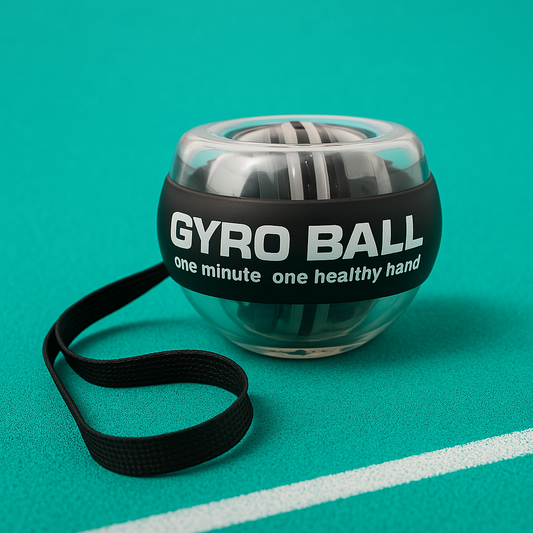 Gyroball Exalyone avec dragonne de sécurité – photo produit accompagnée du texte « One Minute, One Healthy Hand ».