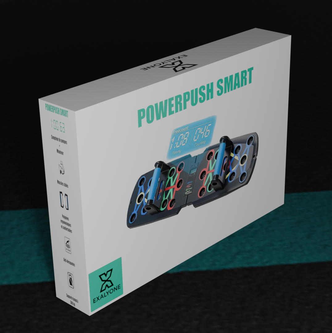 Packaging 3D de la planche à pompes PowerPush Smart Exalyone – boîte produit présentée debout sur fond clair.