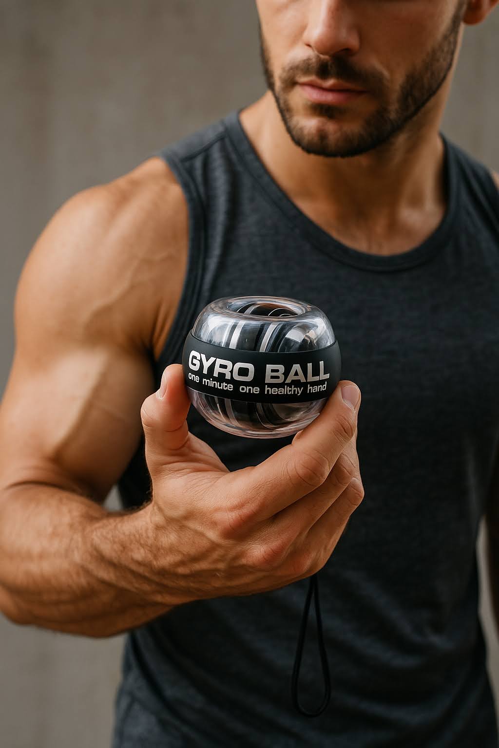 Athlète musclé en débardeur Exalyone tenant la Gyroball avec dragonne de sécurité, regard fixé vers l’avant.