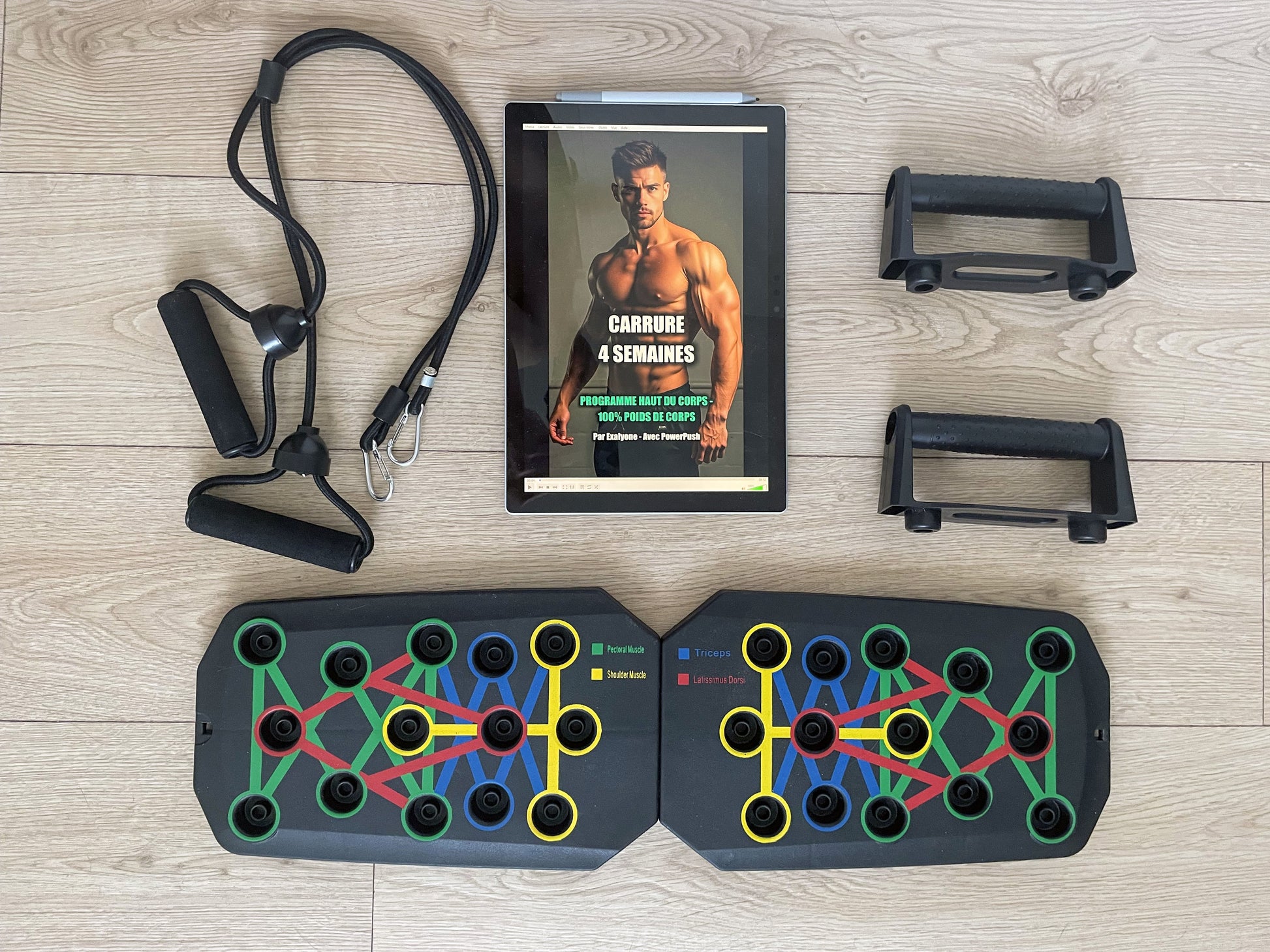 Planche à pompes PowerPush Pro Exalyone avec deux poignées, élastiques et programme d’entraînement 4 semaines pour sculpter le haut du corps au poids du corps.