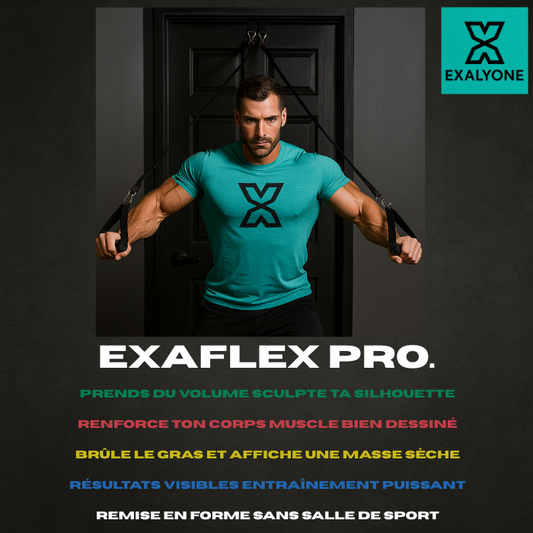 Exercice Exaflex Exalyone avec élastiques type poulie – tirage arrière pour renforcer le dos, les épaules et améliorer la posture, dos tourné à la porte.