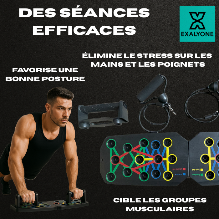 Planche à pompes PowerPush Pro Exalyone – séances efficaces avec poignées et élastiques pour le haut du corps.