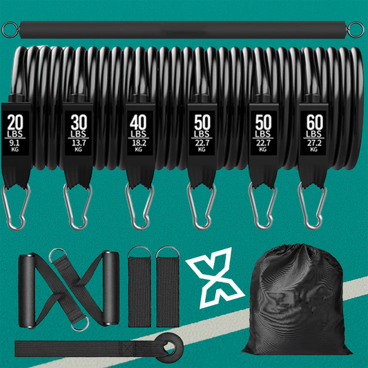 Exaflex Exalyone avec sac de transport, barre démontable Pilates, six élastiques de résistance (9 à 27 kg), deux poignées clipsables et deux attaches chevilles.