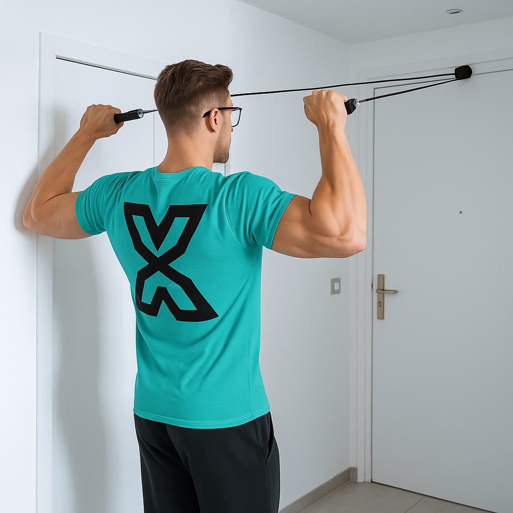 Exaflex Exalyone – exercice face pull avec élastiques, réalisé par un athlète musclé pour cibler épaules et dos.