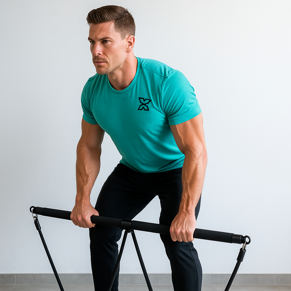 Exaflex Exalyone – exercice Squat Flex Press avec barre et élastiques, démontré par un athlète musclé pour renforcer jambes, fessiers et haut du corps.