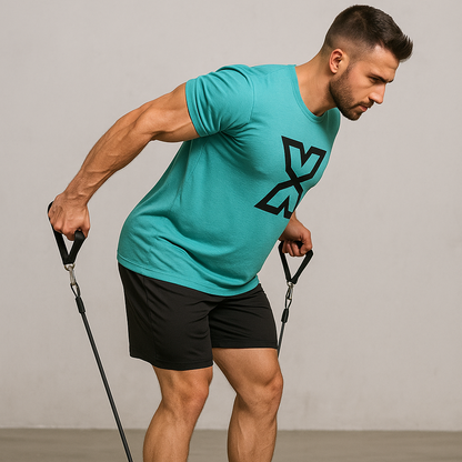 Exaflex Exalyone – extension triceps avec élastiques, démontrée par un athlète musclé pour renforcer bras et triceps.