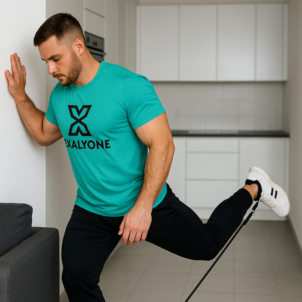 Exaflex Exalyone – tirage avec une jambe en appui, démontré par un athlète musclé à la maison pour renforcer dos, bras et stabilité.