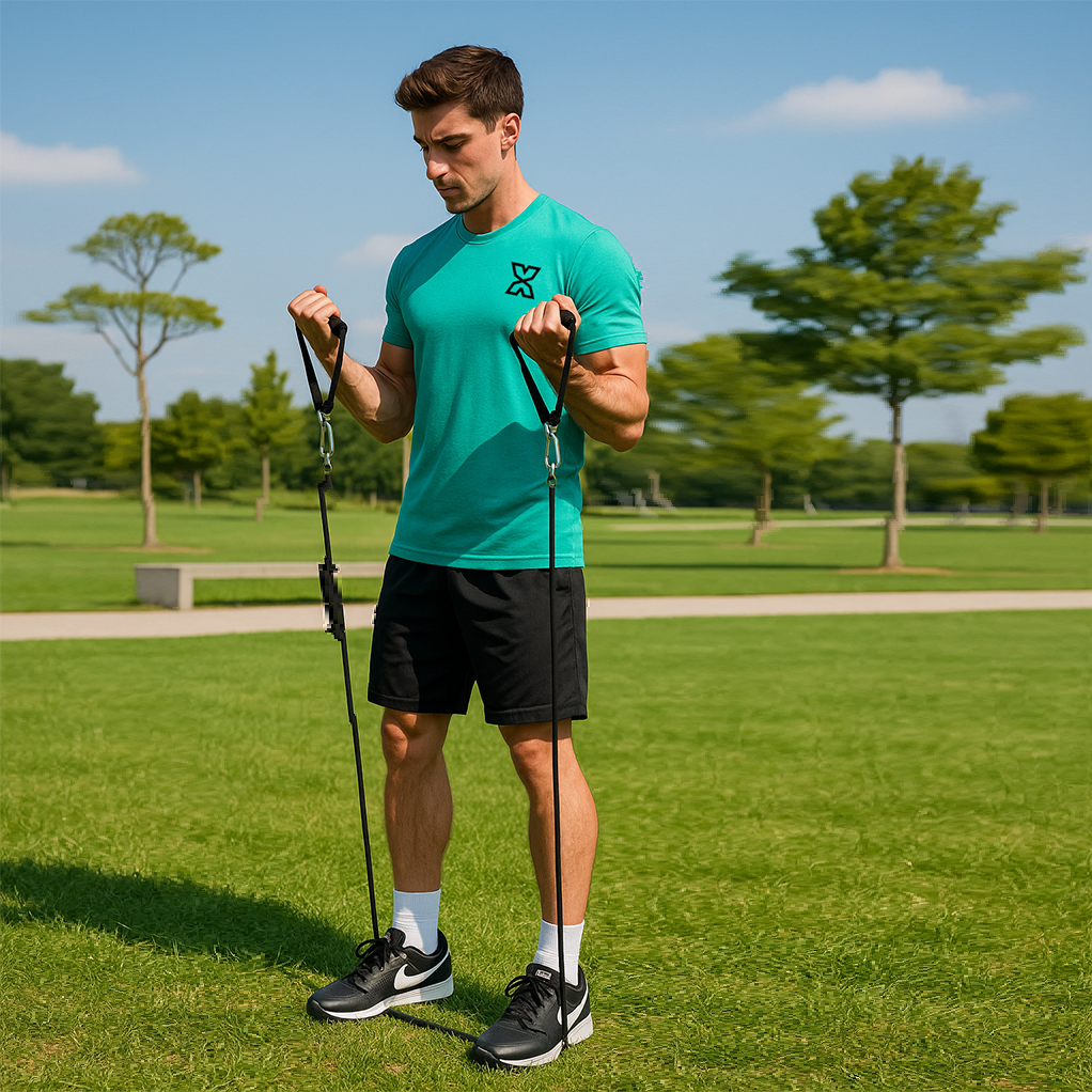 Exaflex Pro Exalyone – curl biceps avec élastiques réalisé en plein air dans un parc, athlète portant un t-shirt Exalyone.