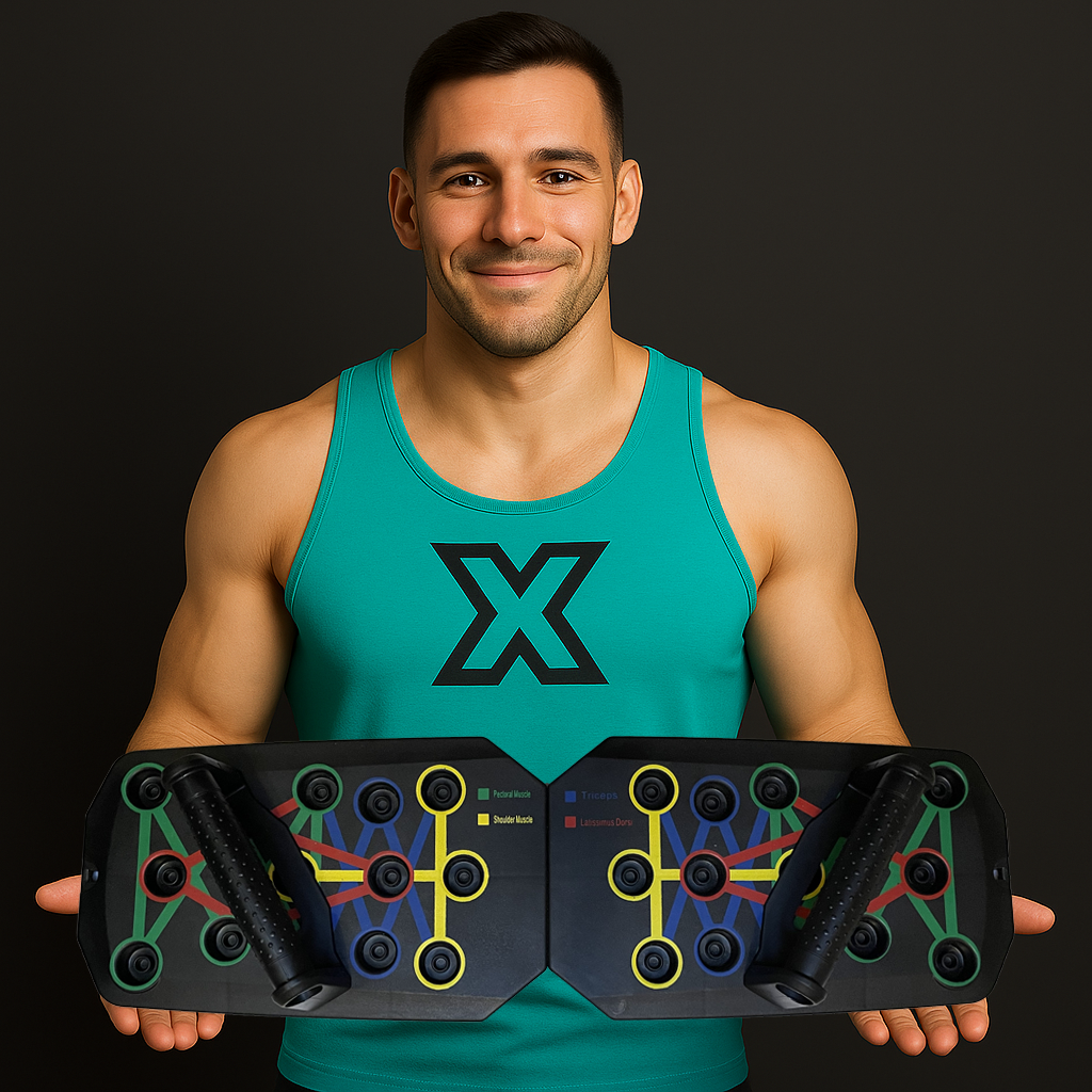 Athlète musclé tenant la planche à pompes PowerPush Pro Exalyone à deux mains, t-shirt Exalyone.