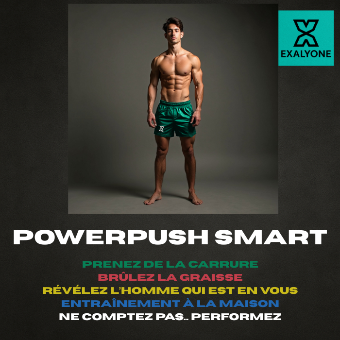 Planche à pompes PowerPush Smart Exalyone – entraînement à domicile pour prendre de la carrure, brûler la graisse et performer, avec un athlète musclé en démonstration.