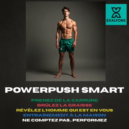 Planche à pompes PowerPush Smart Exalyone – entraînement à domicile pour prendre de la carrure, brûler la graisse et performer, avec un athlète musclé en démonstration.