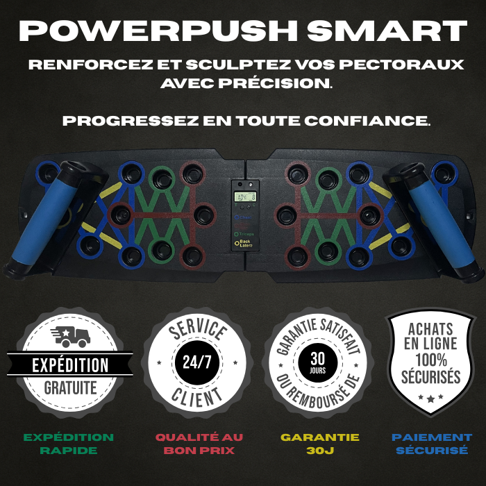 Icônes de confiance Exalyone – expédition gratuite, service client 24/7, garantie 30 jours et paiement sécurisé. Planche à pompes PowerPush Smart.