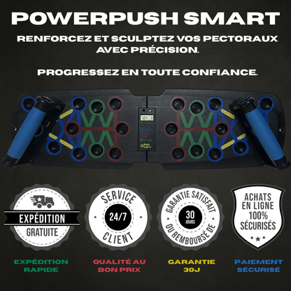Icônes de confiance Exalyone – expédition gratuite, service client 24/7, garantie 30 jours et paiement sécurisé. Planche à pompes PowerPush Smart.