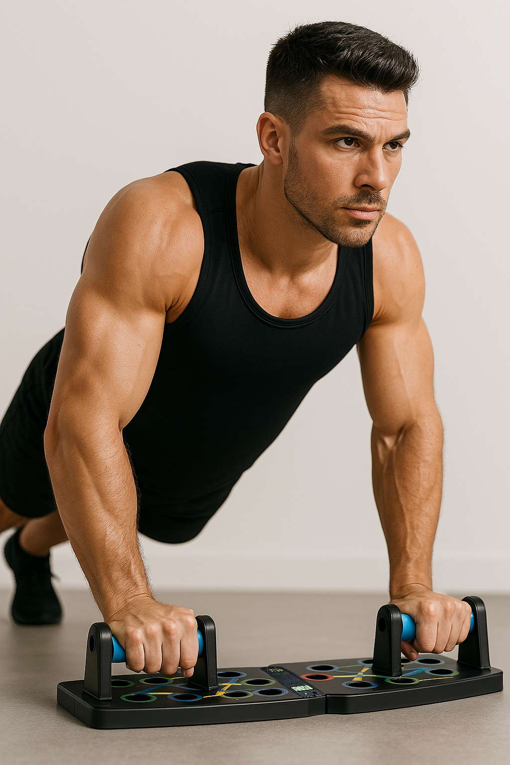 Athlète musclé faisant des pompes sur la planche à pompes PowerPush Smart Exalyone, poignées ergonomiques et compteur.