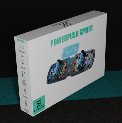 Packaging 3D de la  planche à pompes PowerPush Smart Exalyone – boîte produit présentée debout sur fond clair.