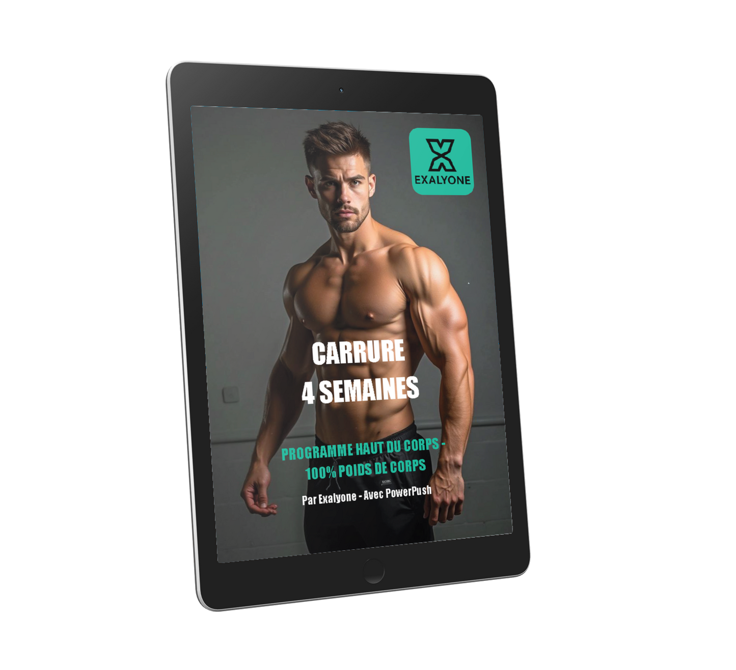 Couverture 3D du programme planches à pompes PowerPush Exalyone – entraînement haut du corps en 4 semaines pour développer sa carrure au poids du corps.