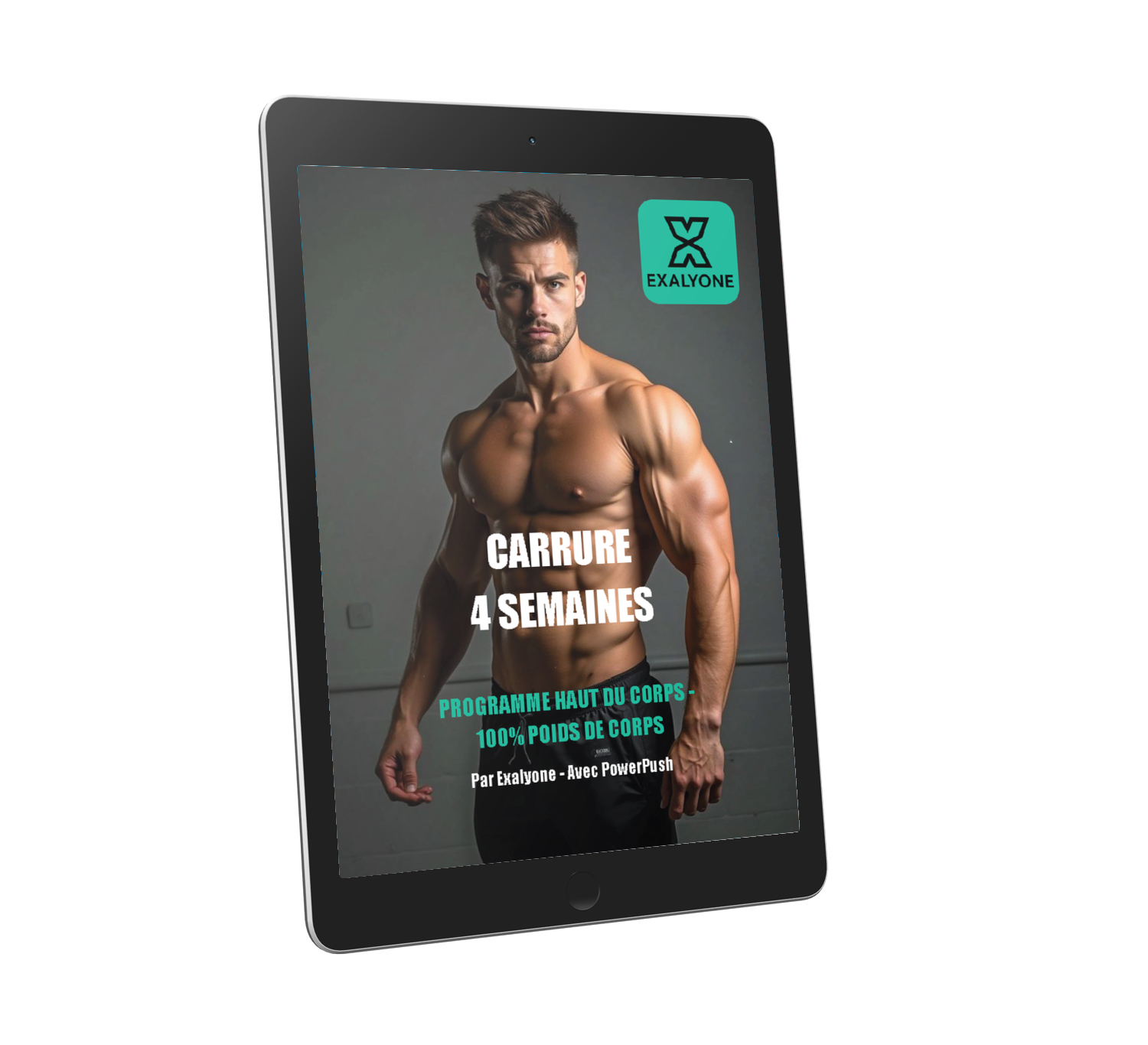 Couverture 3D du programme planches à pompes PowerPush Exalyone – entraînement haut du corps en 4 semaines pour développer sa carrure au poids du corps.