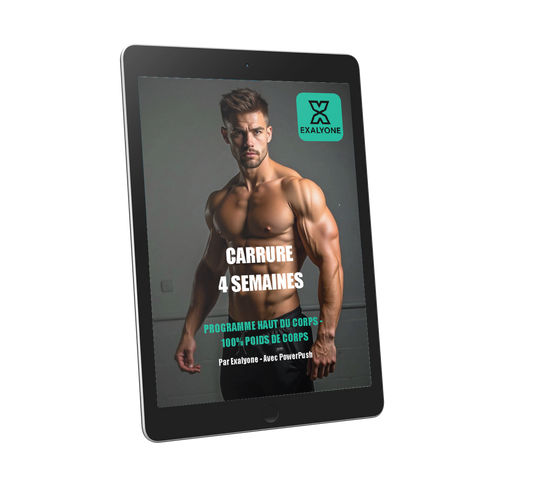 Couverture 3D du programme planches à pompes PowerPush Exalyone – entraînement haut du corps en 4 semaines pour développer sa carrure au poids du corps.