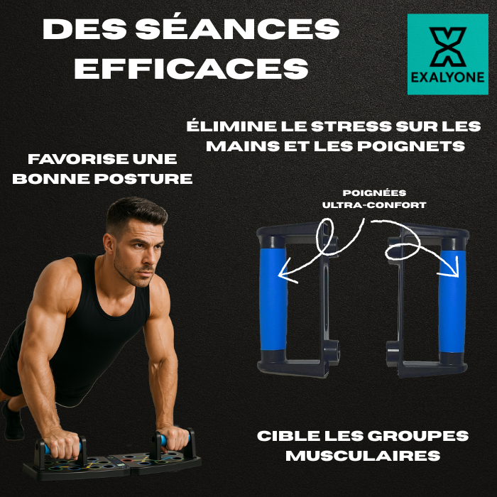 Séance efficace sur une planche à pompes Exalyone avec poignée bleue – élimine le stress, bonne posture et ciblage musculaire.