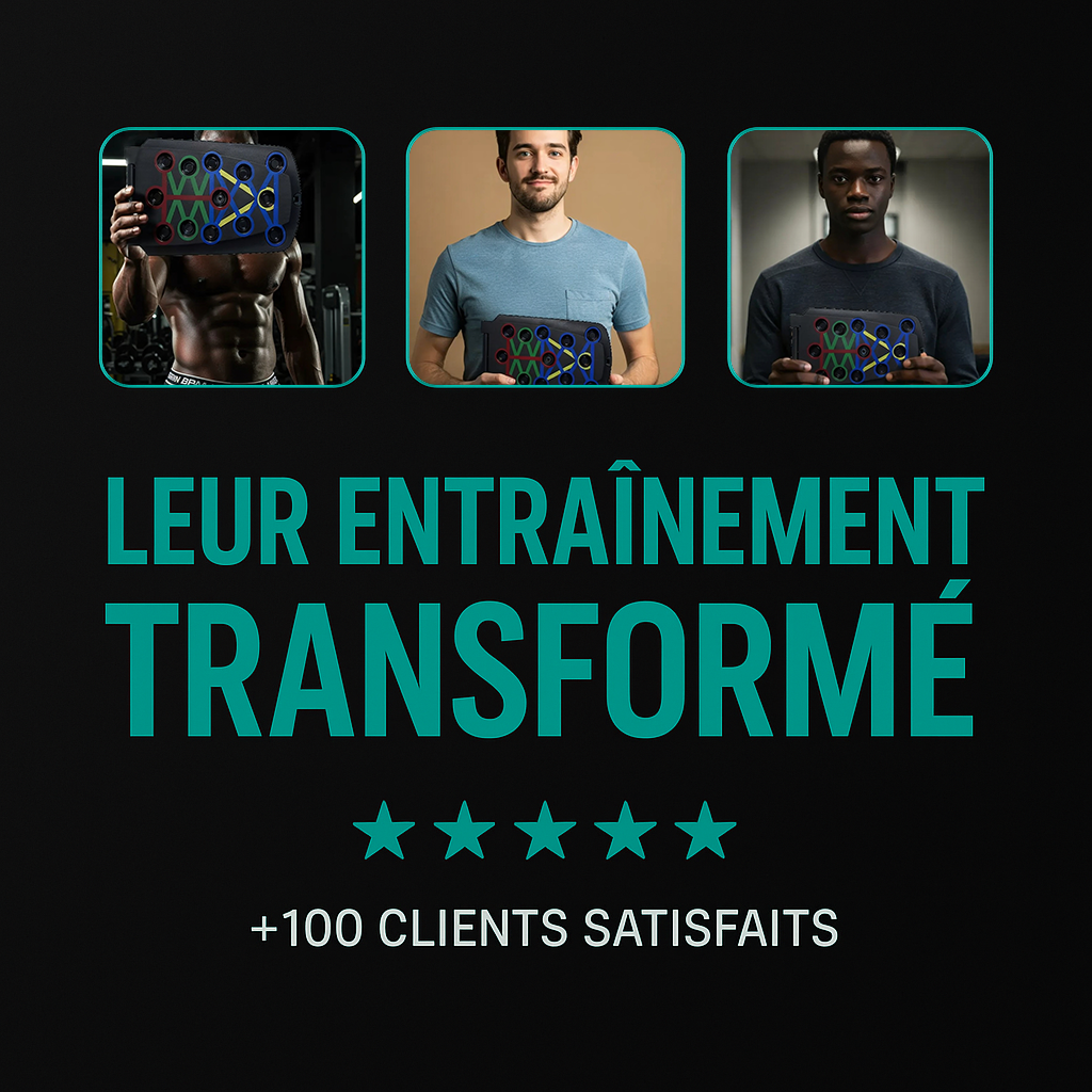 Photo UGC de trois clients satisfaits utilisant la planche à pompes Exalyone – avis 5 étoiles sur leur entraînement.