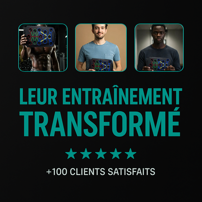 Photo UGC de trois clients satisfaits utilisant la planche à pompes Exalyone – avis 5 étoiles sur leur entraînement.