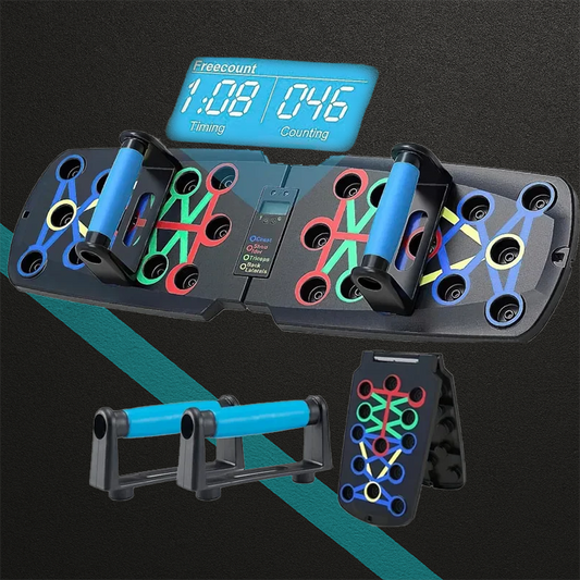 PowerPush Smart Exalyone – planche à pompes pliable avec deux poignées bleues ergonomiques, compteur de pompes et chronomètre intégré, photo produit.