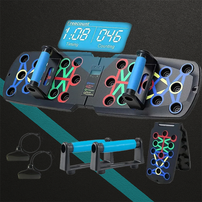 Planche à pompes PowerPush Smart Exalyone – planche à pompes pliable avec deux poignées bleues ergonomiques, elastiques, compteur de pompes et chronomètre intégré, photo produit.